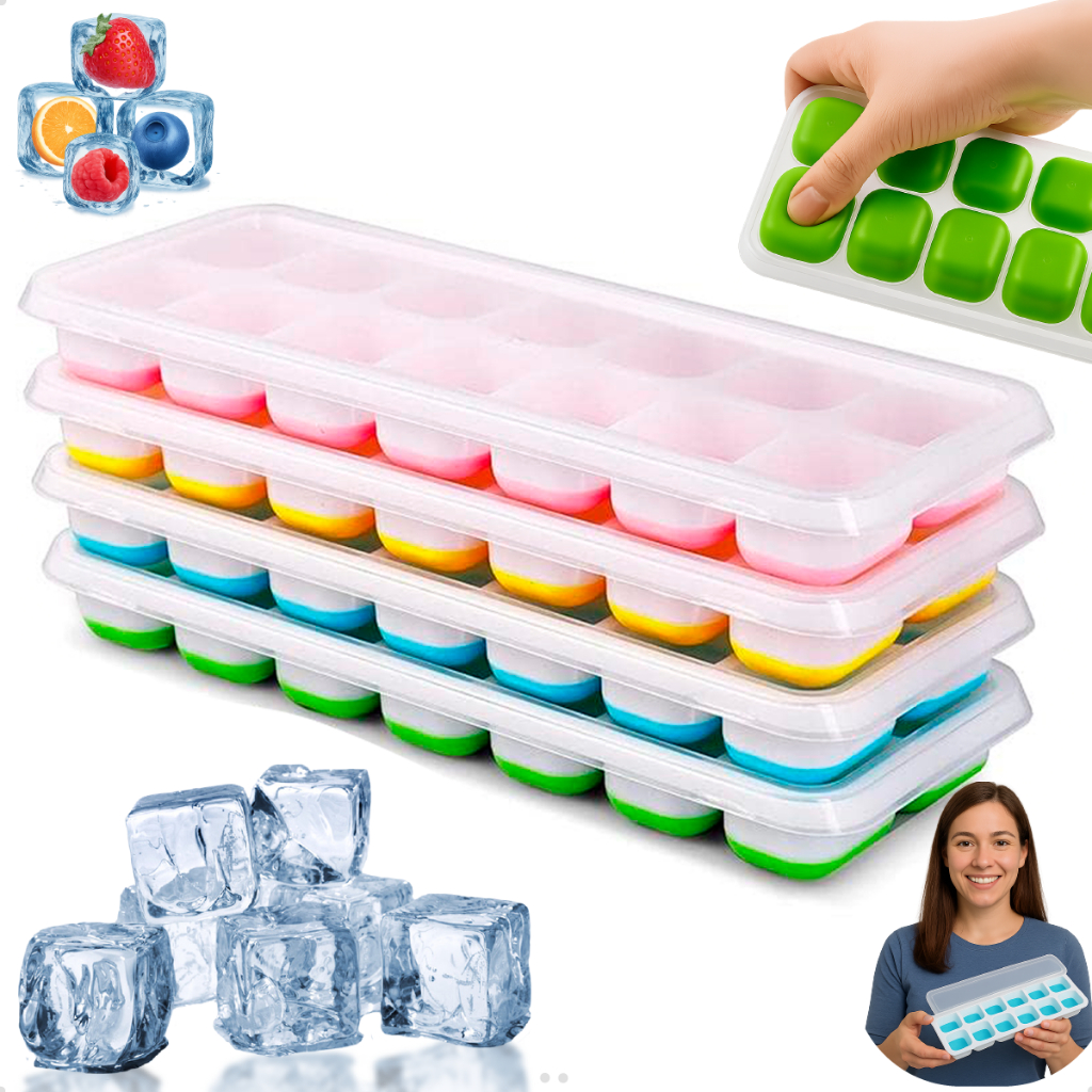 Kit 4 Forma De Gelo Fundo Silicone 14 Cubos Tampa Rígida