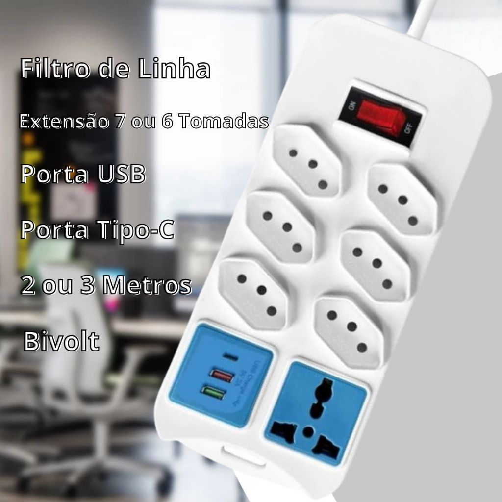 洋楽 ubs.ueda Extensão 6 ou 7 Tomadas com Porta USB e Tipo-C Régua de Tomadas