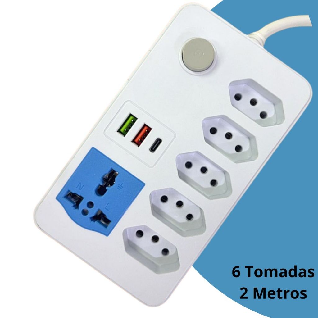 Extensão 6 ou 7 Tomadas com Porta USB e Tipo-C Régua de Tomadas