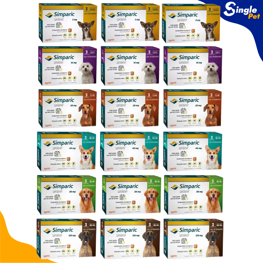 Zoetis Simparic Vermífugo Para Cães 3s Kit 18 - 5mg - 10mg - 20mg ...