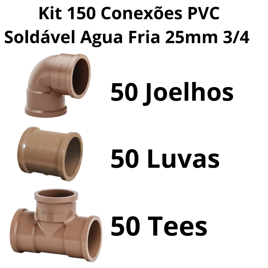 Kit 150 Conexões 25mm=3/4 Pvc Hidráulica Água Fria Alta Qualidade 50 ...