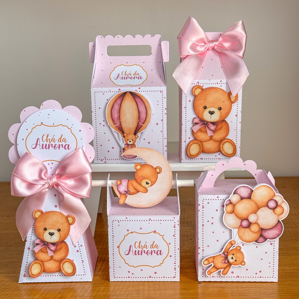KIT Festas CHÁ DE BEBE URSINHO ROSA Caixinhas Personalizadas ...