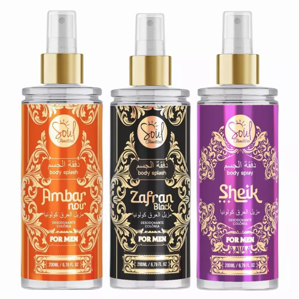 KIT 03 Body Splash MASCULINO SOUL AMBAR - SHEIK - ZAFRAN SOUL DESODORANTE COLONIA PERFUME CORPORAL