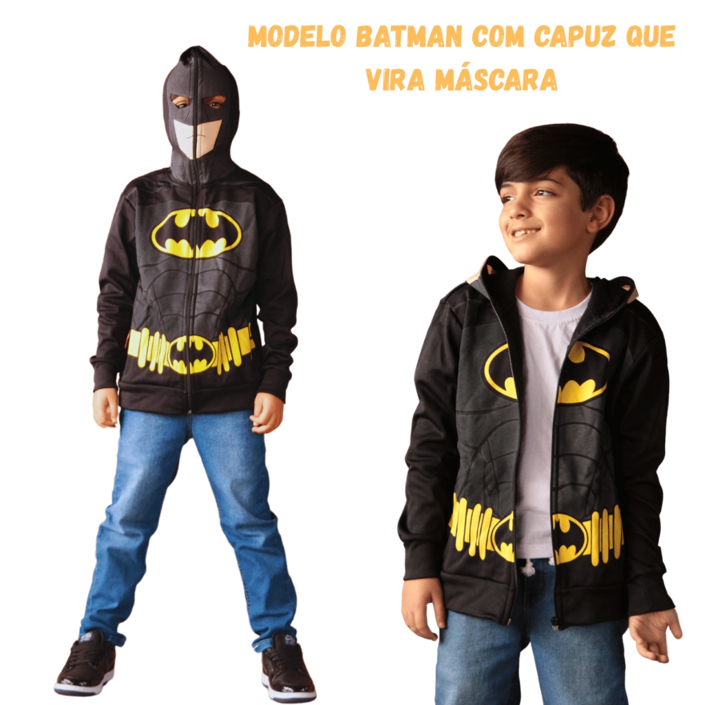 Casaco Moletom Infantil Personagem Batman com Capuz Que vira Máscara