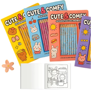 Livro de Colorir Cute & Comfy + 12 Lápis – Edição Luxo: Estilo Bobbie Goods em Oferta na Shopee