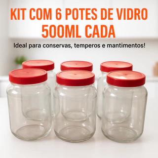 Kit com 6 Potes de Vidro 500ml c/ Tampa Plástica- Ideal p/ Conservas e Armazenamento/ Variação c/ 2, 5 ou 6 Unidades