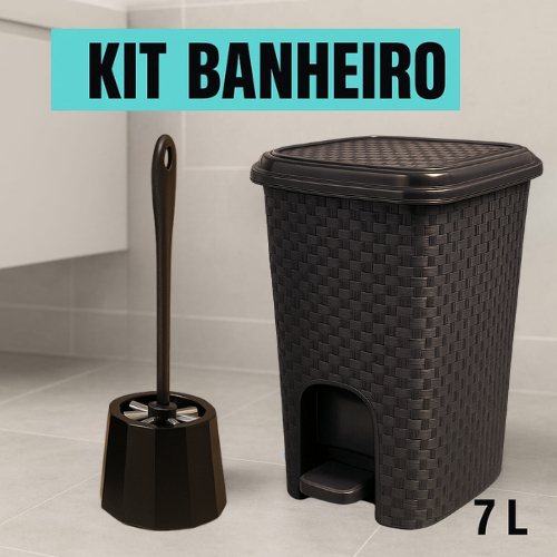 Kit Lixeira Rattan Preta Pedal 07 litros + Escova Sanitária Reforçada