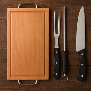 Kit Tábua de Carne 22x36cm com Faca e Garfo Inox – Madeira Resistente para Churrasco