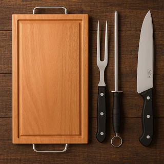 Kit Tábua de Carne 22x36cm com Faca e Garfo Inox – Madeira Resistente para Churrasco