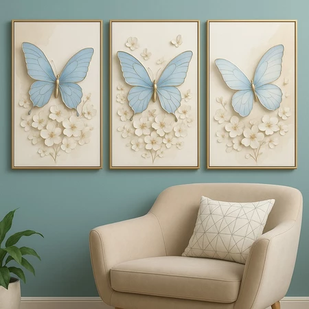 Kit 3 Quadros Decorativos Borboletas Azuis – Charme e Delicadeza para Seu Ambiente