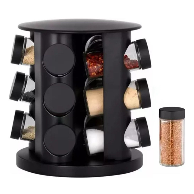 Porta tempero giratório com 9 potes de vidro.