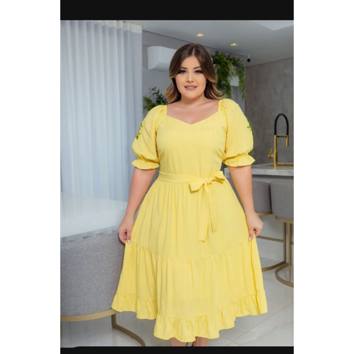 VESTIDO MIDI MODA CRISTÃ PREMIUM SOCIAL MODERNO PLUS SIZE AMARELO