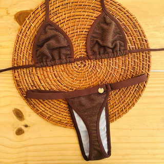 conjunto biquíni Cortininha fita bronze tecido anarruga