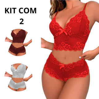 Kit Conjunto Renda Espera Marido Lingerie Cropped Sutiã Sem Bojo Short Calcinha Caleçon