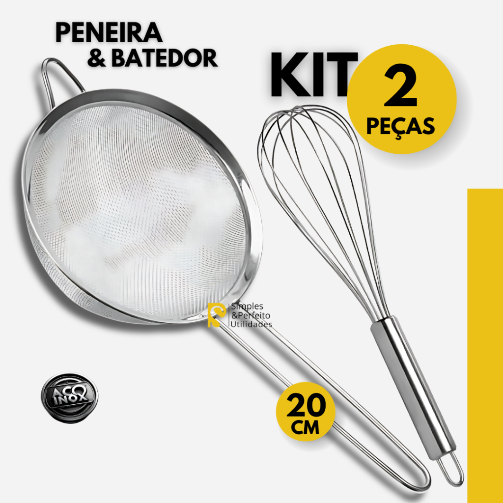 Kit 2 Peças Inox: Peneira Coador 20CM + Batedor Fuê Cozinha 