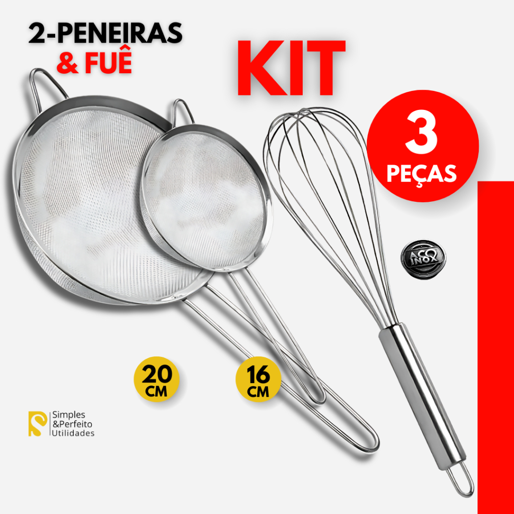 Kit 3 Peças Inox: 2 Peneiras Coador + Batedor Fuê Cozinha Co
