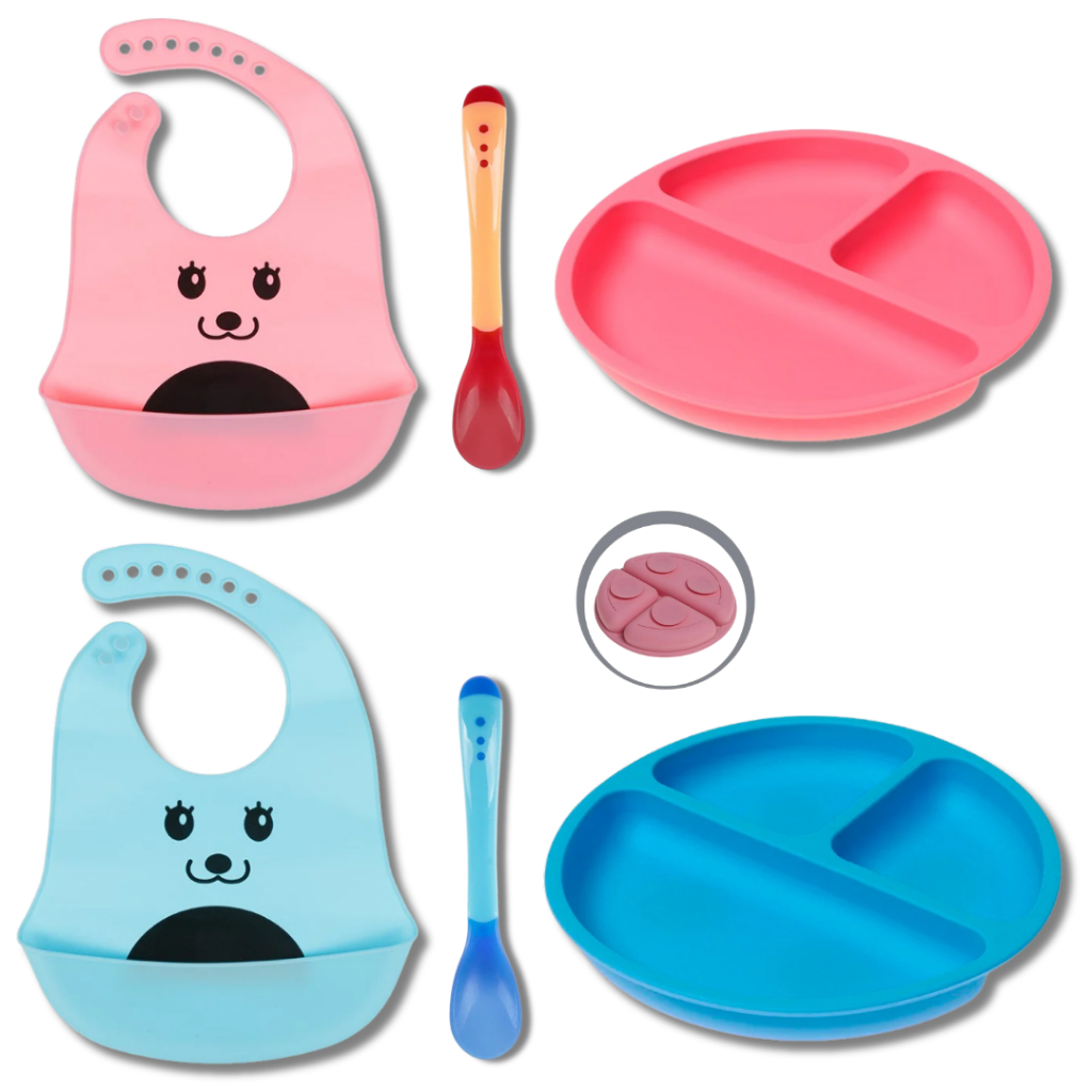Kit Alimentação Bebê em Silicone com 3 Peças - Prato, Babador, colher ...