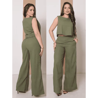 Conjunto Alfaiataria Linho Feminino Calça Pantalona e Blusa para Trabalhar Social