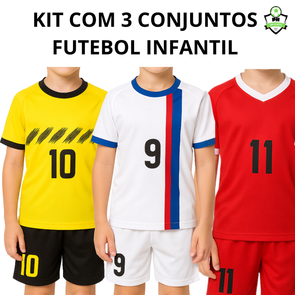 Kit Com 3 Conjuntos Infantil Juvenil Esportivo Camisa E Short Fut ...