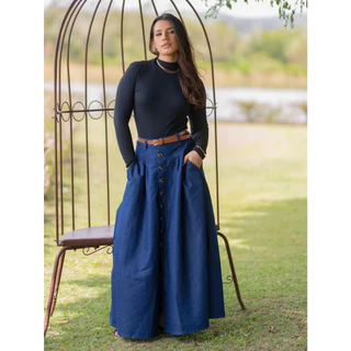 Saia Longa Jeans Soltinha Tecido Confortável acompanha Cinto Jufi Moda Evangélica Ref.1226