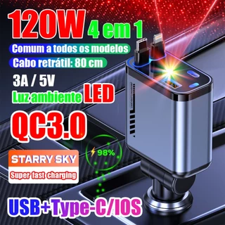 Carregador de carro retrátil carregador rápido de para carro 4 em 1 para iPhone/Android com luz LED