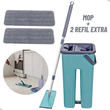 Mop Flat esfregão com balde rodo mágico lava seca tira pó + refil extra