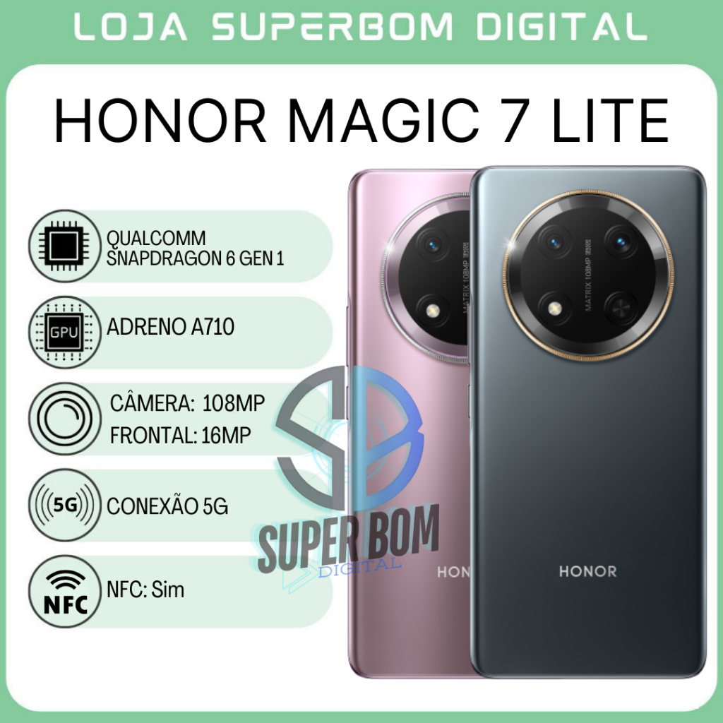 Honor Magic 7 Lite 5G 512GB/12GB RAM, Câmera 108MP, Processador Snapdragon 6 Gen 1,Bateria 6600mAh, Versão Global