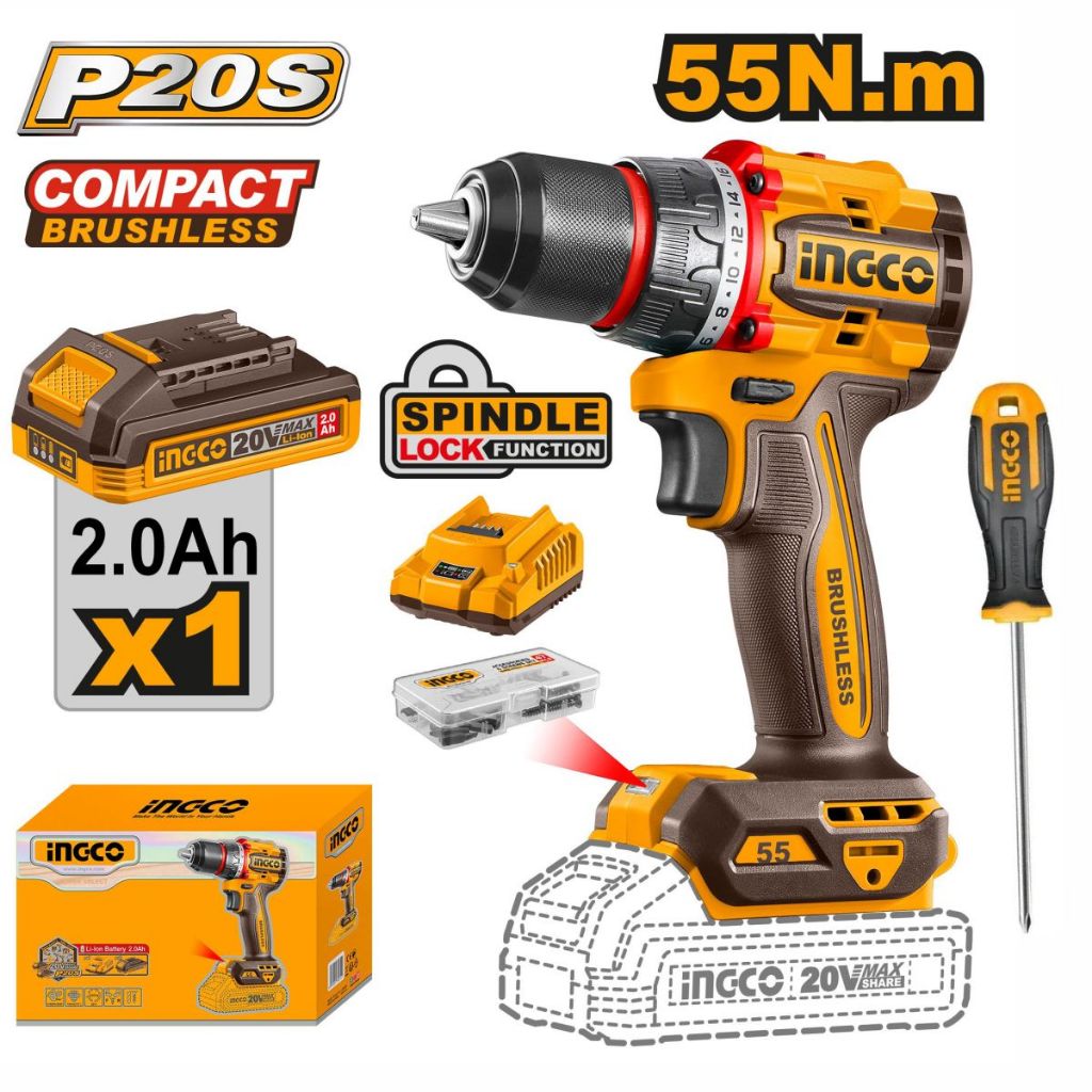 Parafusadeira e Furadeira 20V Ingco A Bateria Brushless 55Nm
