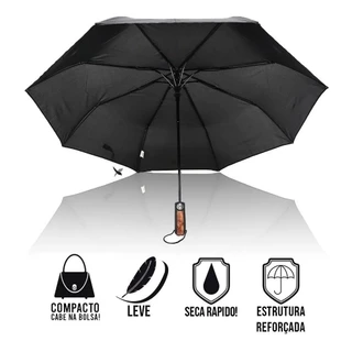 Guarda Chuva Dobrável Automático Preto Tecido Liso Cabo Anatômico Resistente e Reforçado Com Capa