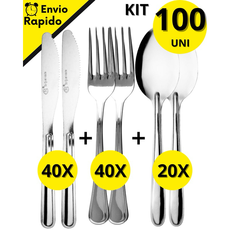 Kit 100 Unidades -Talheres Inox 40 Garfo 40 Faca 20 Colher Premium Casa ...