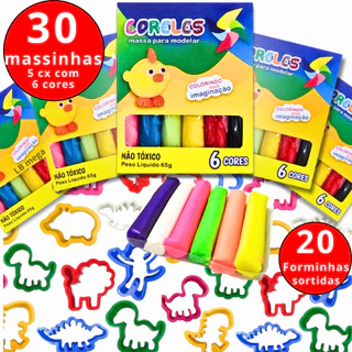 Kit 30 Unidades de Massinha  + 20 moldes Forminhas Sortidas para modelar Infantil  (5 caixas 65gr) em Oferta na Shopee