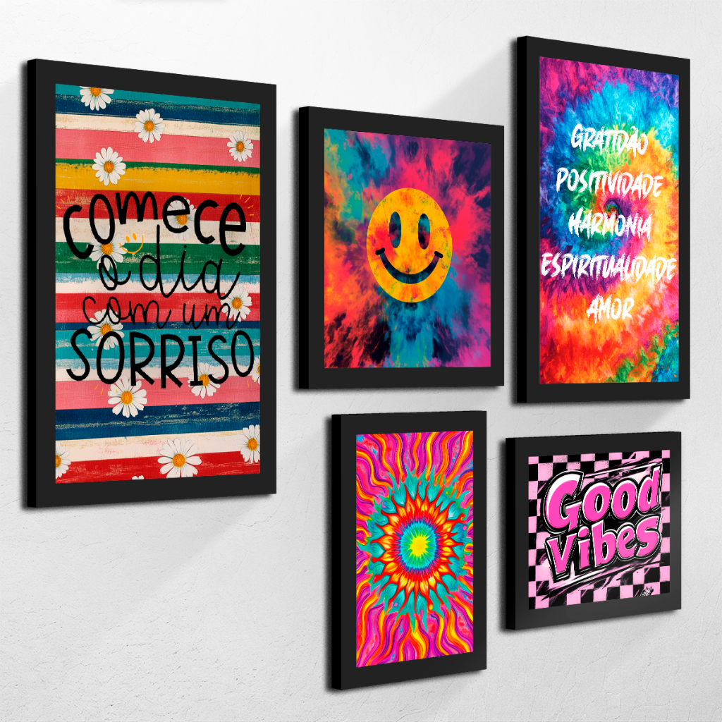 Kit 5 Quadros Decorativos Good Vibes Colorido Para Sala Quarto Escritório Hall Borda Preta