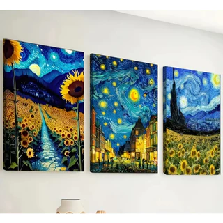 Quadro decorativo 3 peças van gogh noite estrelada e girassois campo arte colorida sala escritorio