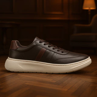 Tênis Marrom de Couro Masculino Forro Acolchoado e Solado Branco Super Leve Interior Conforte