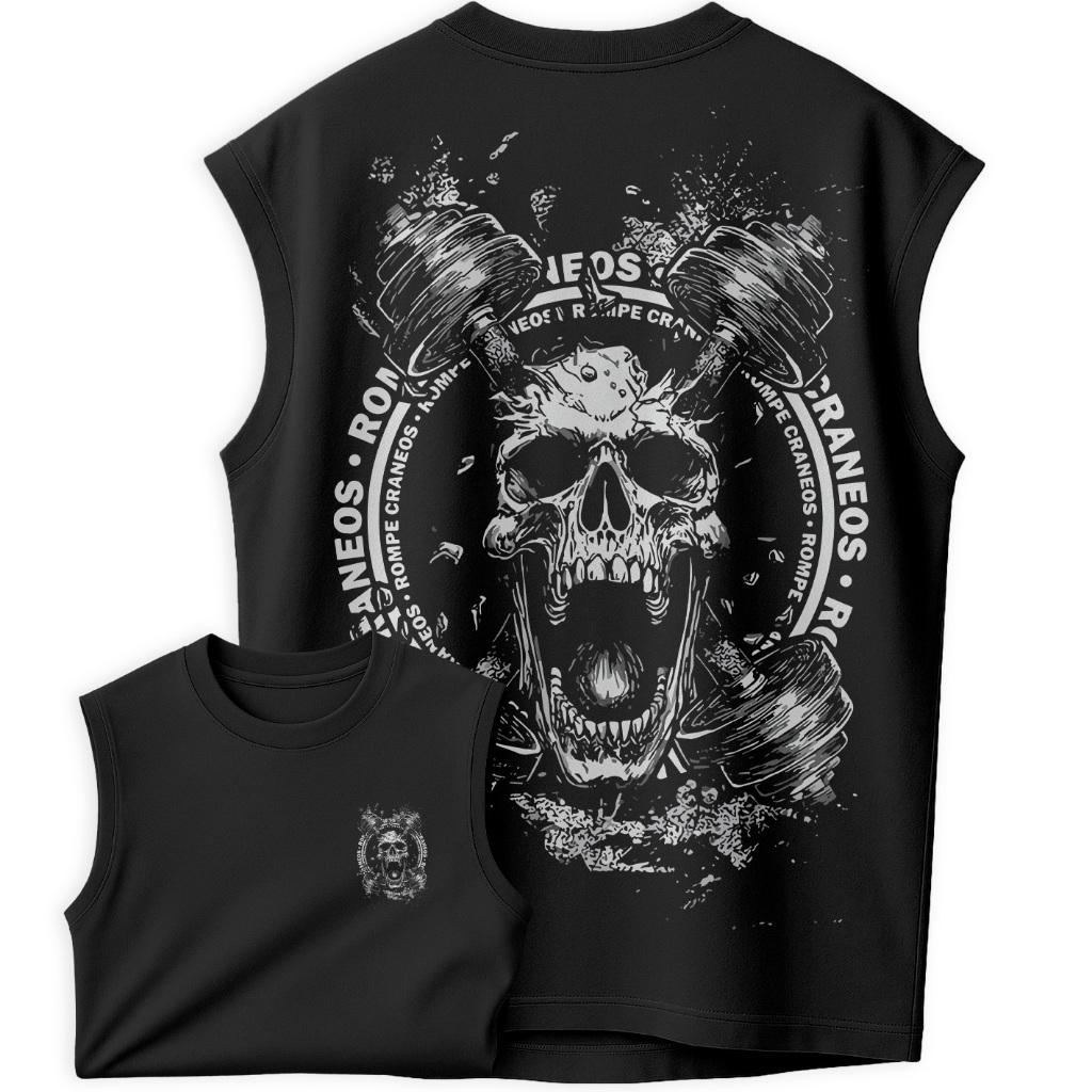 Regata Oversized Masculina Academia | Rompe Crâneos | Estampa Brutal Caveira e Peso Hardcore Camiseta