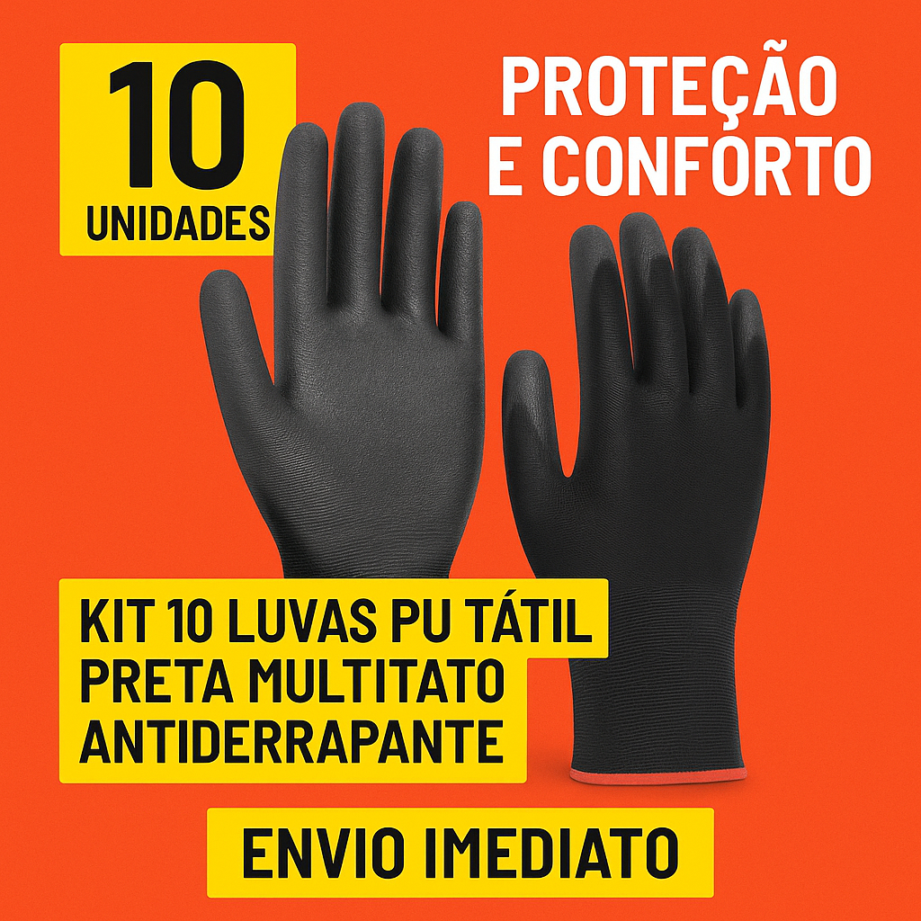 Kit 10 Luvas PU Tátil Preta Multitato Antiderrapante – Obra, Mecânico, Logística, Geral