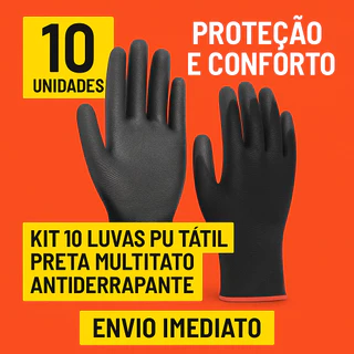 Kit 10 Luvas PU Tátil Preta Multitato Antiderrapante – Obra, Mecânico, Logística, Geral