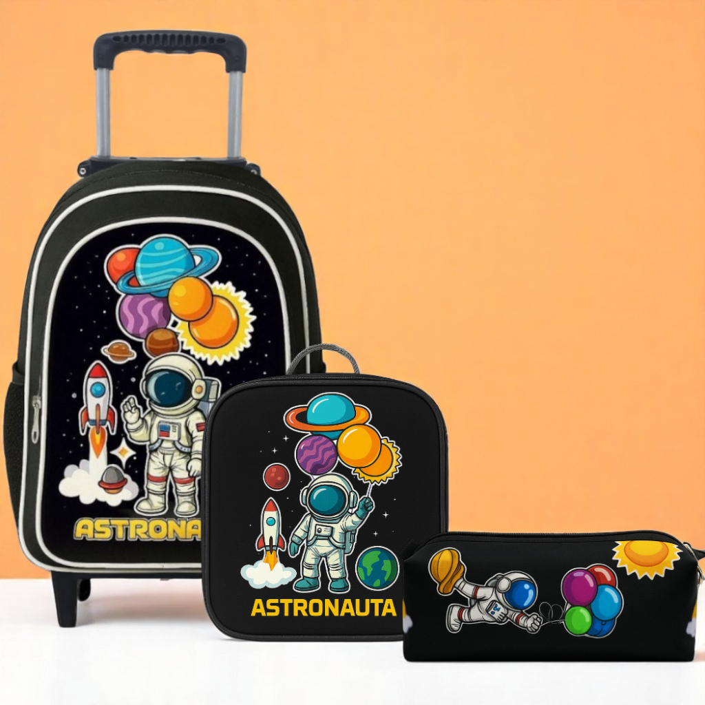 Kit Mochila Escolar Rodinha Masculina Infantil Astronauta