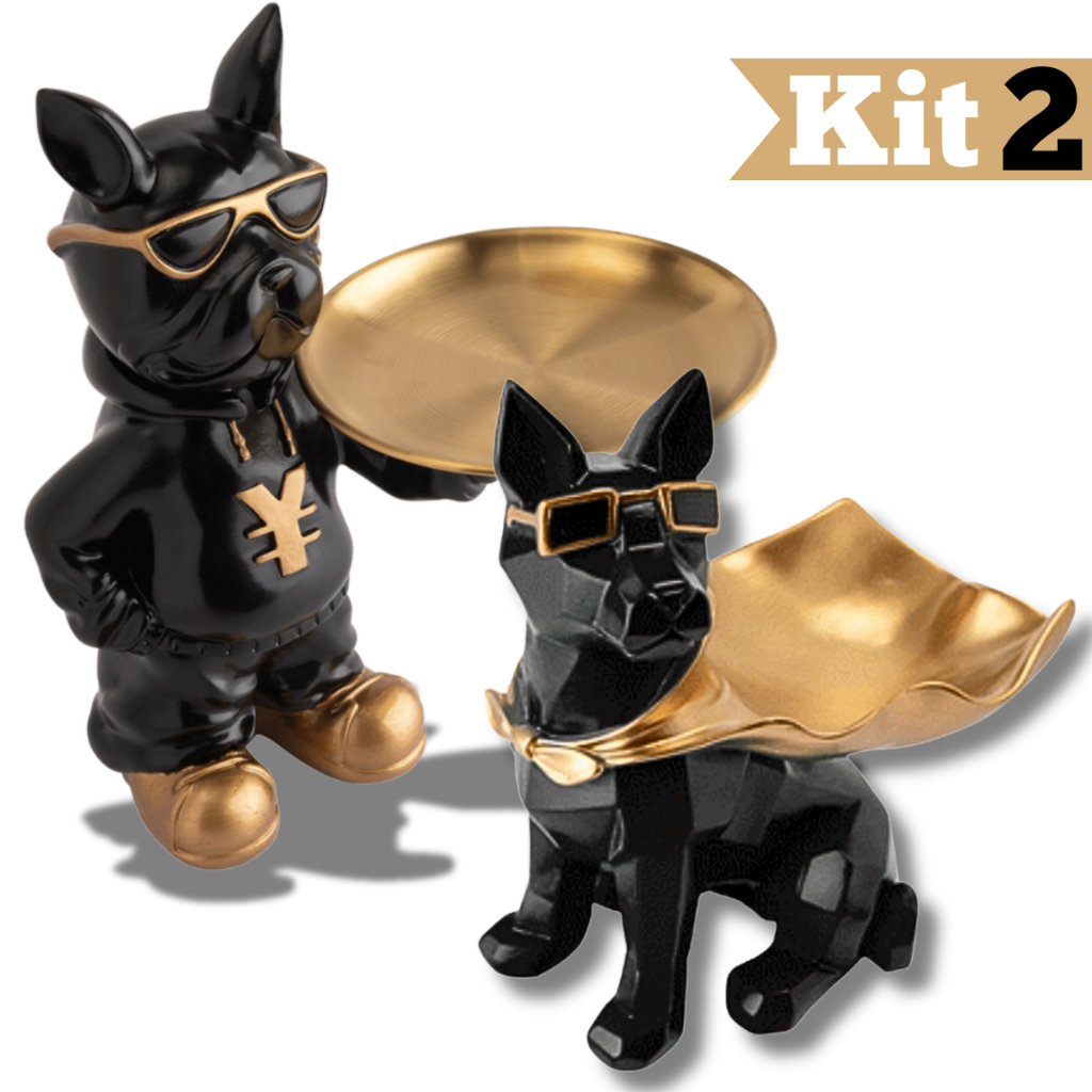 Escultura Decorativa Enfeite Bulldog Cachorro Com Bandeja e Óculos