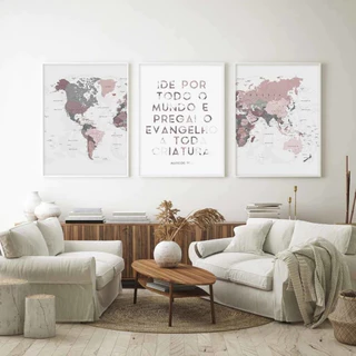 Quadro Decorativo Mapa Mundi Rosa Versículo Biblíco Kit 3 Peças