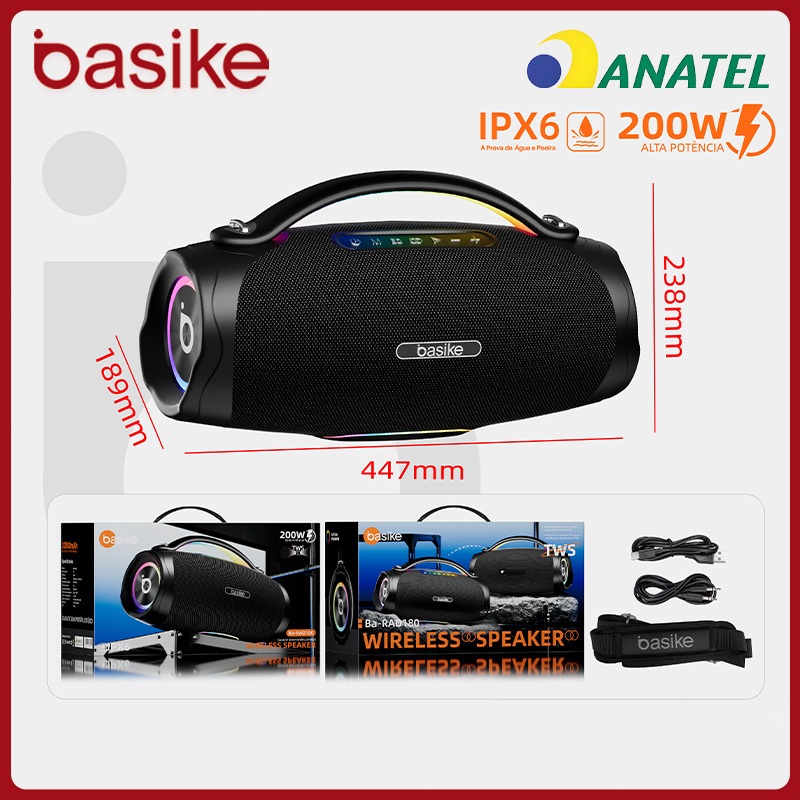 Basike alto-falante bluetooth 5.4 sem fio 200w Caixa Subwoofer Som Estéreo De Alta Fidelidade Party Ipx6，RAD180