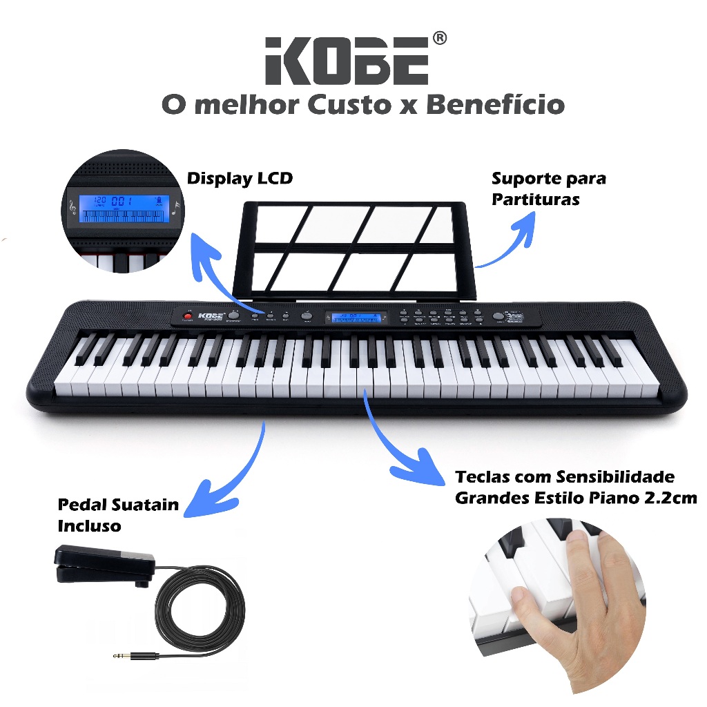 Teclado Musical Kobe KB-300 5/8 61 Teclas com Sensibilidade ao Toque ...