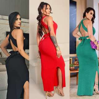 Vestido Feminino Mid Amarração com Fenda Elegante Longo Festa Casual Estiloso e Chick em Oferta na Shopee