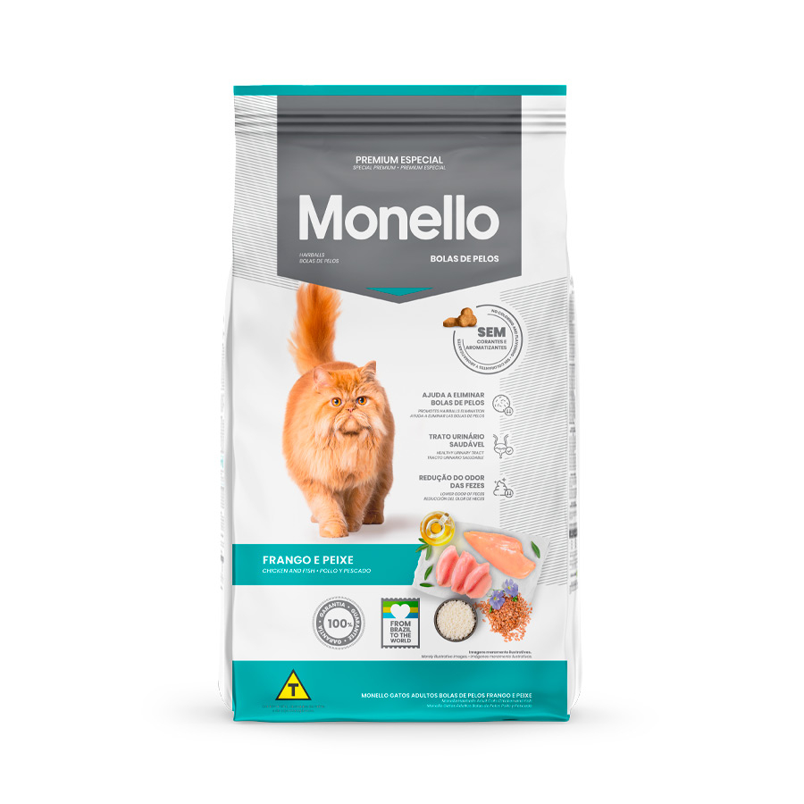 Ração Monello Bolas de Pelos para Gatos Adultos Sabor Frango e Peixe ...