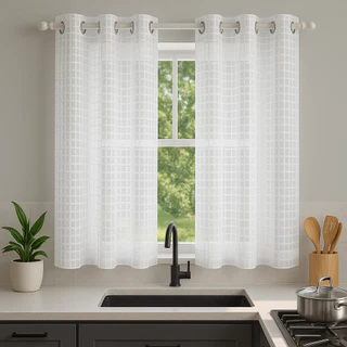 Cortina de Cozinha Voal Transparente Janela Branca Xadrez 2,20 x 1,40 Básica Tecido Leve Ilhós Cromado