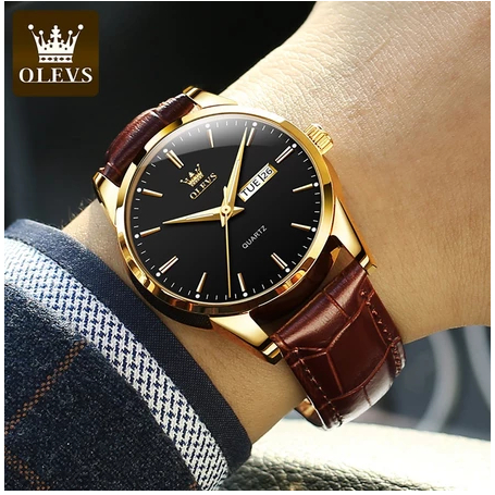 OLEVS relogio relógios masculinos luxo prova da água original couro preto leather 6898