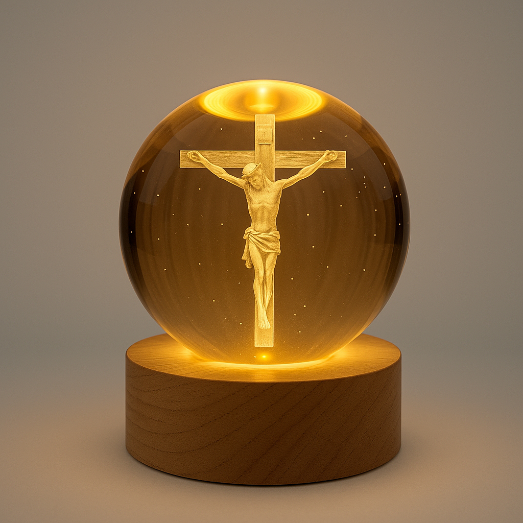 Luminária de Mesa Bola de Cristal Abajur para Sala Vintage Base Madeira Jesus Cristo 3D USB Bíblia