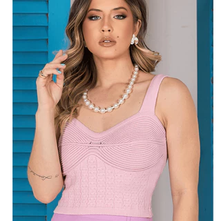 Cropped Feminino Detalhes no Busto Top Alcinha Canelado Tricot Blusa Estilosa Moda Verão Tricô