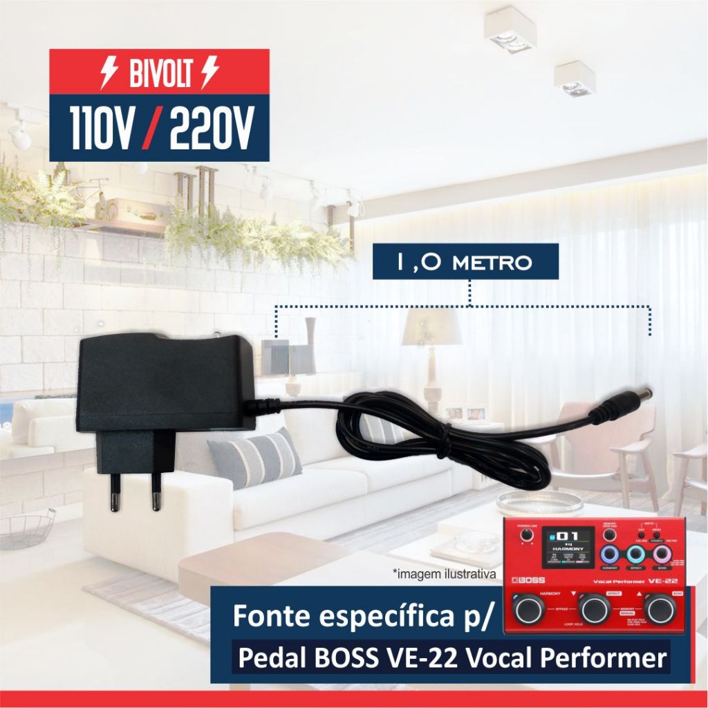 Fonte De Alimentação Para Pedal Boss VE-22 Vocal Performer ( Cabo