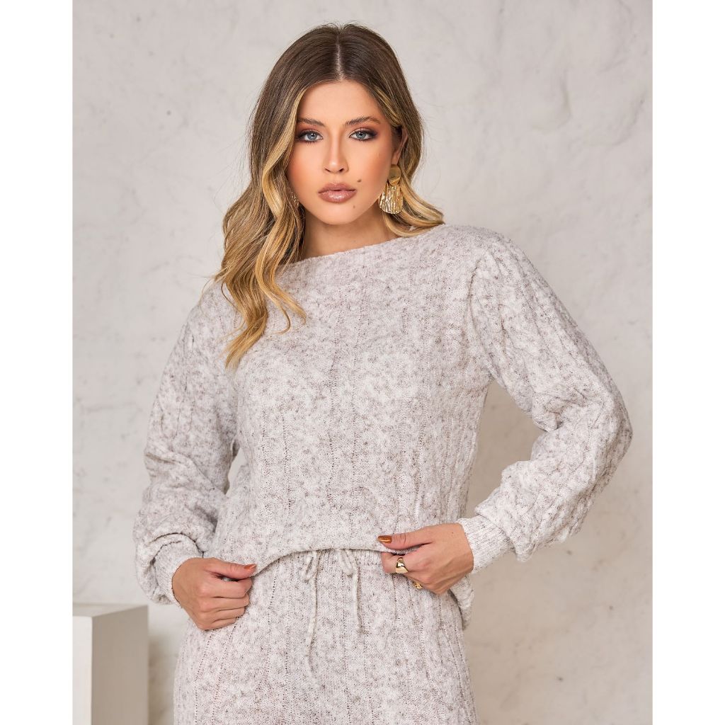 Tricô Blusas De Linho De Frio Feminina Conjunto Saia E Blusa